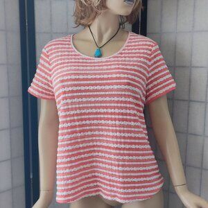 NWOT Chico's SZ 2/L Vibrant Coral/White Striped Tee With Unique Textured Details